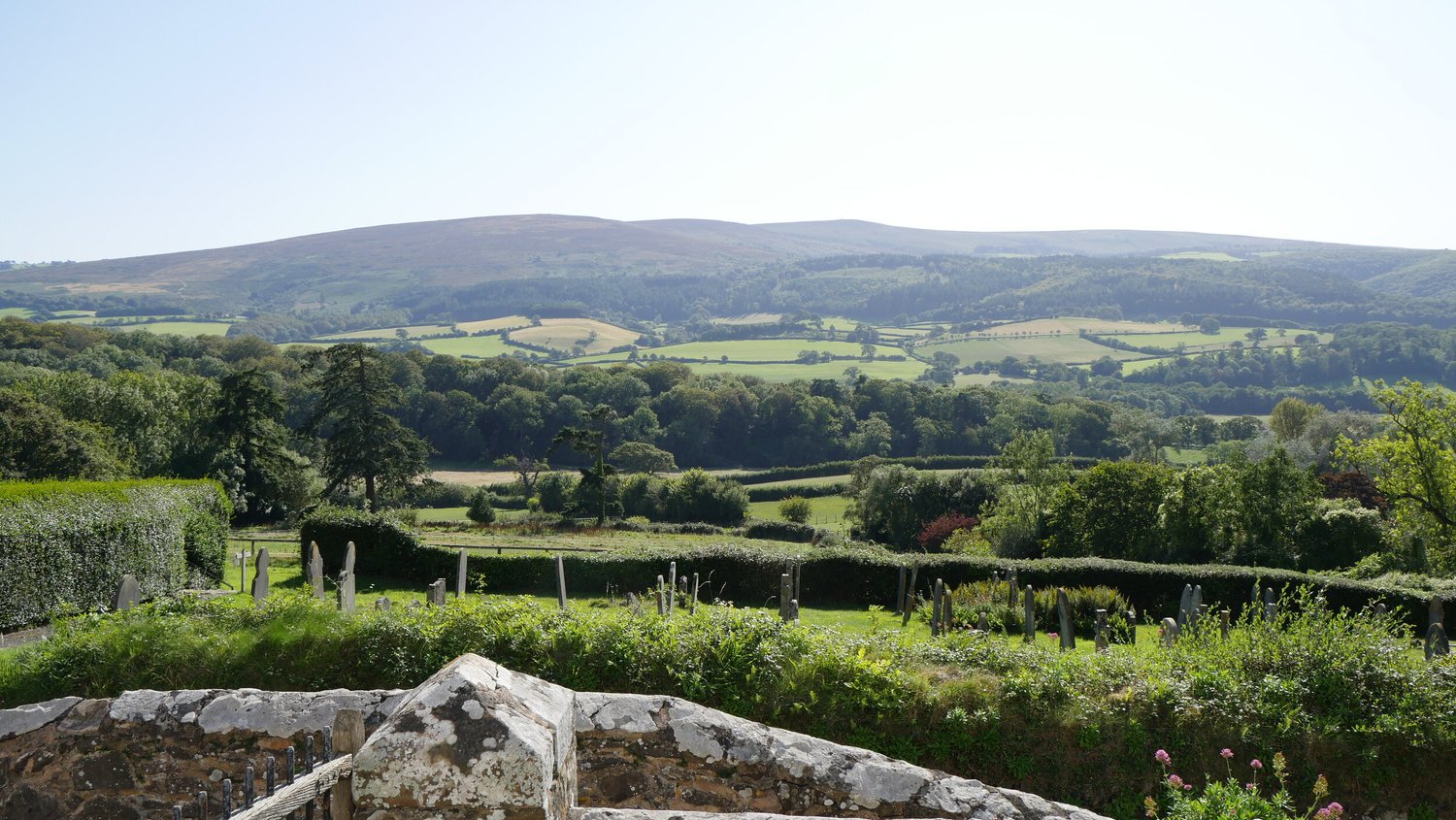 Green fields, hedges and wooded hills in the countryside